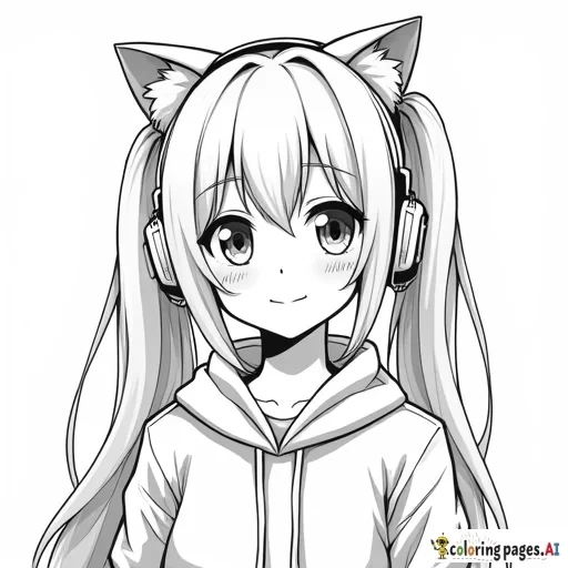 Anime girl wearing cat headphones. High resolution. Thick line art. Gamer girl. Pigtail hair. Long hair.