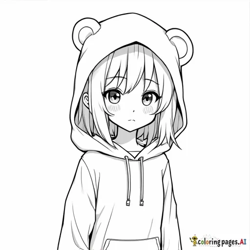 Anime girl wearing hoodie with bear ears. Thick line art.