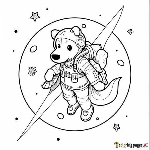 Anime style easy to color with pens showing a dog floating in space with spacewoman
