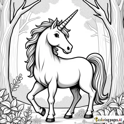 B&W coloring book page, majestic unicorn in a forest, line art, solid white background