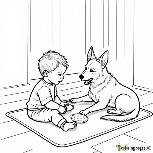 baby boy doing rummy time on a playmat in a house with a German shepard dog
