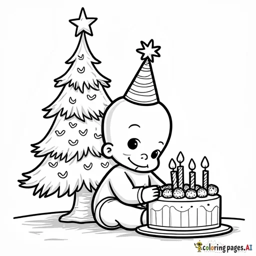 Baby in birthday hat with cake next to Christmas tree