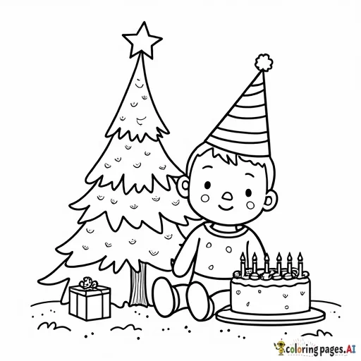 Baby in birthday hat with cake next to Christmas tree