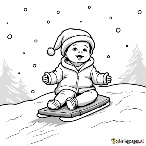 Baby in Christmas hat sledding in snowy landscape