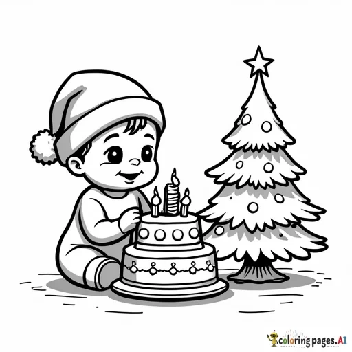 Baby in Santa hat with Christmas tree and cake