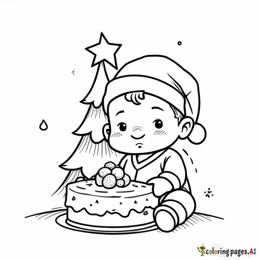 Baby in Santa hat with Christmas tree and cake