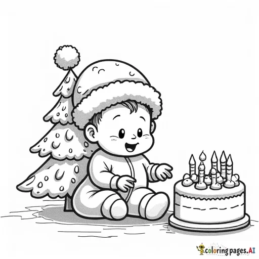 Baby in Santa hat with Christmas tree and cake