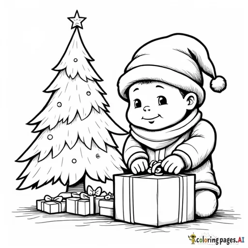 Baby with Santa hat opening present next to Christmas tree
