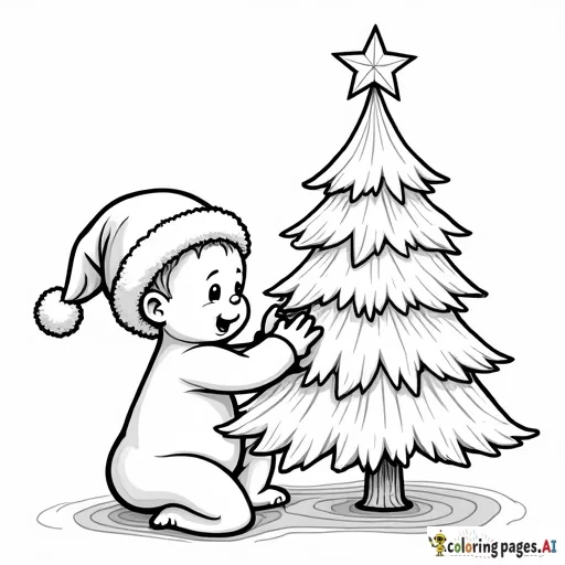 Baby with Santa hat putting ornament on Christmas tree