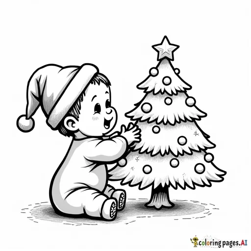 Baby with Santa hat putting ornament on Christmas tree
