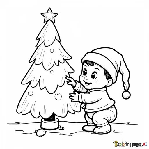 Baby with Santa hat putting ornament on Christmas tree losing balance