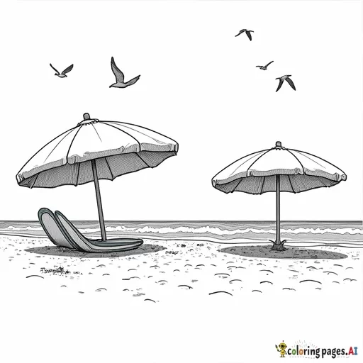 beach scene with umbrellas and seagulls and surf boards