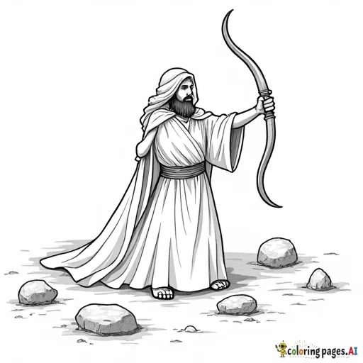 Bible times sling shot, five stones, simple line drawing, no shading