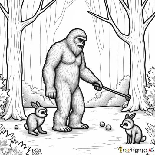 bigfoot playing golf in the woods with a rabbit, owl, and a raccoon