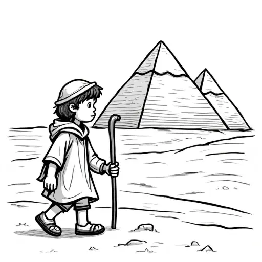 Black and white coloring page. A cute cartoon shepherd boy with a simple staff, walking towards 3 large pyramids in the distance. Thick bold outlines. Large empty spaces inside each shape. White background. No shading. No small details. The shepherd's cloak is one big simple shape. The pyramids are large triangles with no brick lines. Very simple style for toddlers. - Free Printable Coloring Page