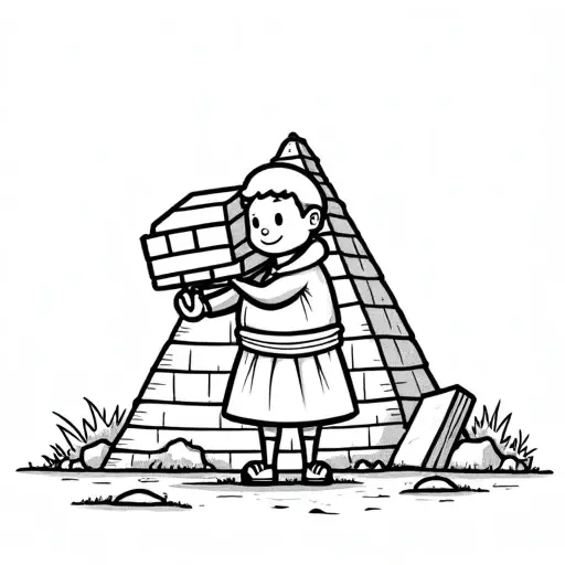 Black and white coloring page for preschoolers. A cute cartoon slave worker carrying a brick on his shoulder. Big simple shapes. Thick bold outlines as thick as a crayon. Large empty spaces inside each shape. Round head, simple tunic clothing. The bricks are simple rectangles. No shading. No small details. No lines on the pyramid. White background. Very simple style for young kids. - Free Printable Coloring Page
