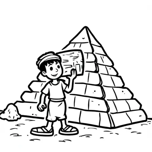Black and white coloring page for preschoolers. A cute cartoon slave worker carrying a brick on his shoulder. Big simple shapes. Thick bold outlines as thick as a crayon. Large empty spaces inside each shape. Round head, simple tunic clothing. The bricks are simple rectangles. No shading. No small details. No lines on the pyramid. White background. Very simple style for young kids. - Free Printable Coloring Page
