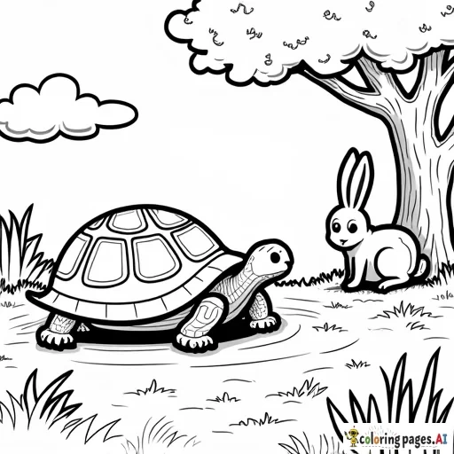 Black and white coloring page in Bobbie Goods style. A determined tortoise with a round shell walks steadily on a path. Ahead, a relaxed hare with long ears naps under a tree. The background features simple nature elements like grass, flowers, and clouds. Clean, fine outlines, no shading, ample space for coloring