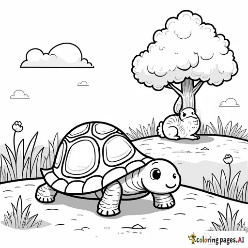 Black and white coloring page in cute and comfy style. A determined tortoise with a round shell walks steadily on a path. Ahead, a relaxed hare with long ears naps under a tree. The background features simple nature elements like grass, flowers, and clouds. Clean, fine outlines, no shading, ample space for coloring