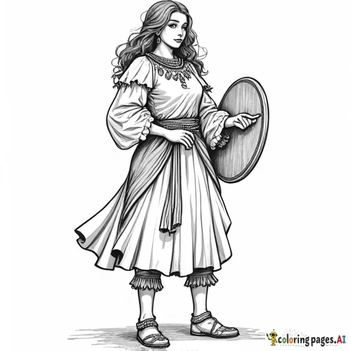 black and white coloring page of a standing female halfling bard, full body