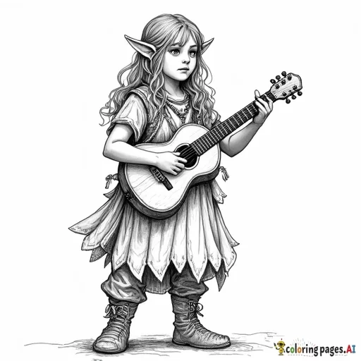 black and white coloring page of a standing female halfling from dnd, full body, playing a mandolin