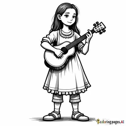 black and white coloring page of a standing female halfling, full body, playing a mandolin