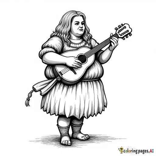black and white coloring page of a standing female stout halfling, full body, playing a mandolin