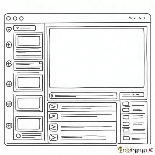 Black and white line art illustration in the cozy, whimsical style of Bobby Goods, focused entirely on a high-fidelity video feed layout wireframe. Desktop layout: large header bar, sidebar navigation with multiple sections, vertical rows of video thumbnail cards with placeholders for title and metadata. Include buttons, icons, and pagination controls. Clean, rounded, hand-drawn outlines, simplified but detailed, perfect for coloring.