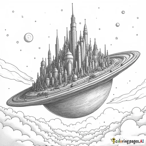 black and white line drawing of a A sprawling cityscape built on a floating asteroid, glowing under starlight.