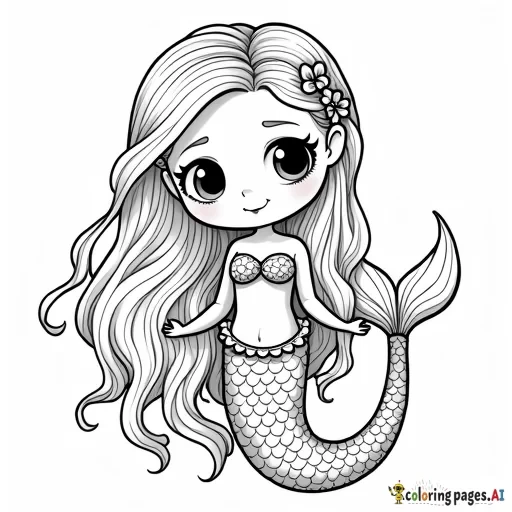 black and white Line drawing of a kawaii mermaid braiding her hair, remove gray