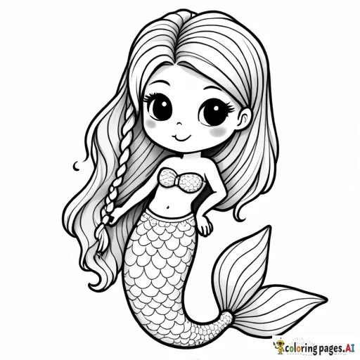 black and white Line drawing of a kawaii mermaid braiding her hair