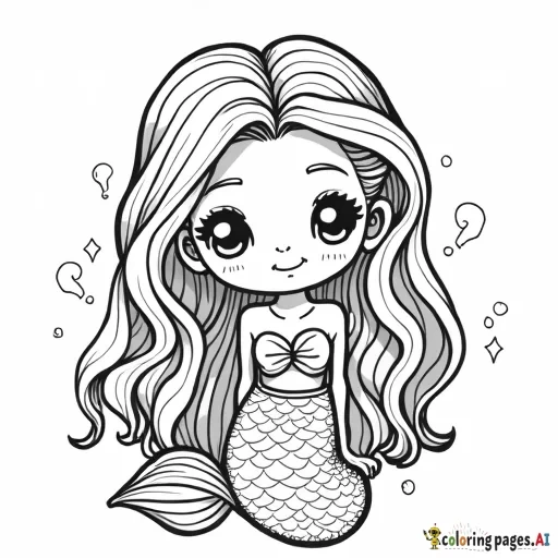 black and white Line drawing of a kawaii mermaid braiding her hair, no grey