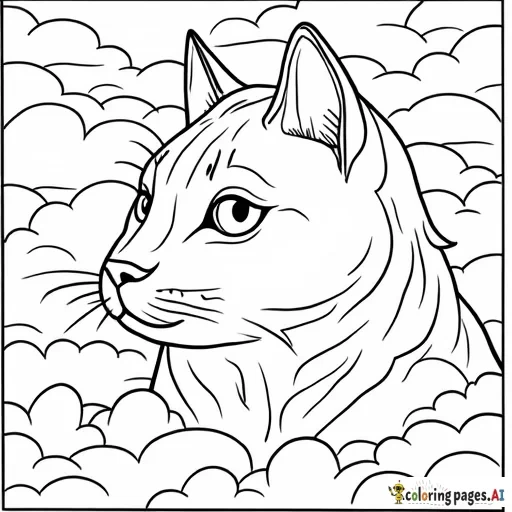 Black and white line drawing of cat in the clouds, Gustav Klimt and art deco style