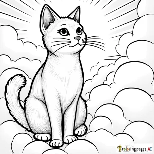 Black and white line drawing of cat standing in the clouds, Gustav Klimt and art deco style