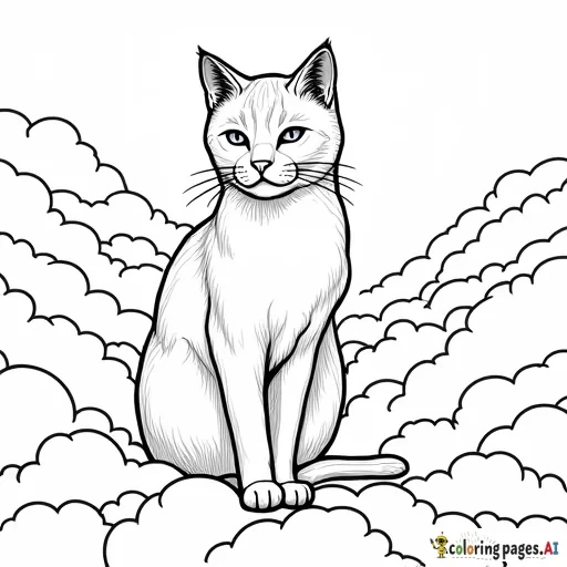 Black and white line drawing of cat standing in the clouds in the style of Gustav Klimt and art deco style