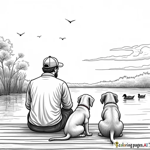 Black and white Outline drawing of a man in a ballcap hat wearing camo sitting on a dock facing the water looking at the sunrise with 2 dogs, a chocolate lab and yellow lab next to him. In the water, there are lots of ducks