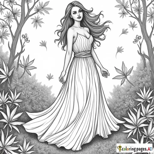 black and white, semi-realistic, beautiful woman wearing a long flowy dress in an enchanted forest with fairies, cannabis plants, suitable for coloring