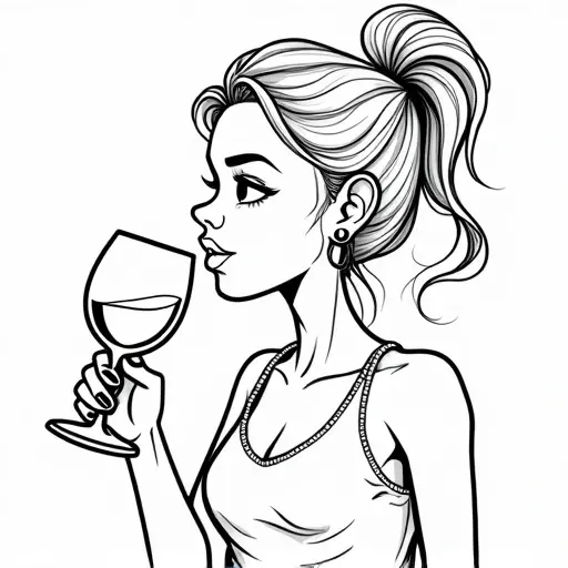 black female cartoon drinking wine - Free Printable Coloring Page