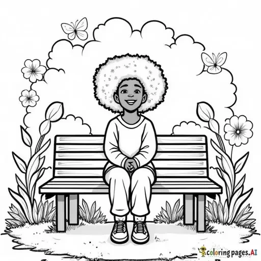 “Black girl with beautiful natural afro hair, sitting peacefully on a park bench, smiling, wearing casual cozy clothes, surrounded by flowers and butterflies, bold outlines, clean and simple coloring page, no background shading, suitable for adult and kids coloring book, line art, Coco Wyo style, no colors, no grayscale, high resolution”