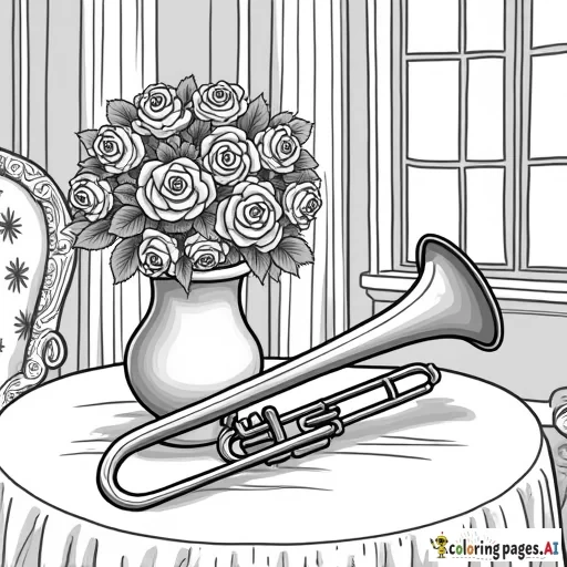 black & white coloring page, trombone and a vase of roses behind it, on a table with fabric, background has fancy furniture and a window