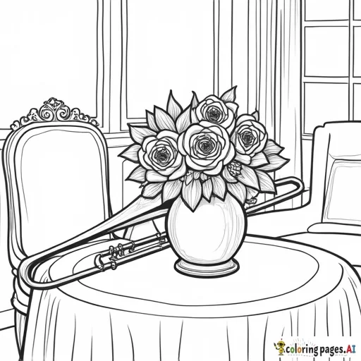 black & white coloring page, trombone and a vase of roses on a table with fabric, background has fancy furniture and a window
