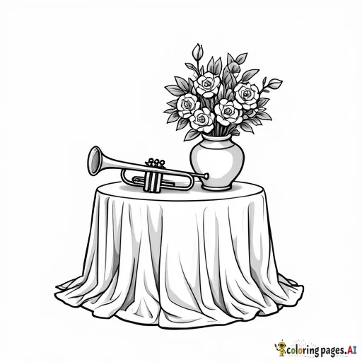 black & white coloring page, trumpet and a vase of roses on a table with fabric,