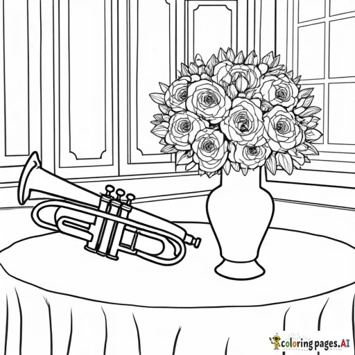 black & white coloring page, trumpet and a vase of roses on a table with fabric, background has fancy furniture and a window