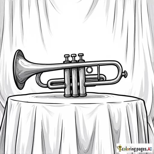 black & white coloring page, trumpet on a table with fabric, baroque background