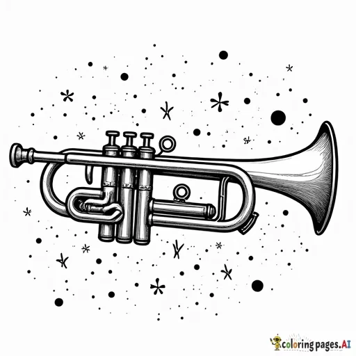 black & white coloring page, trumpet on display