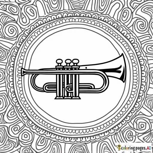 black & white coloring page, trumpet on display with intricate background.