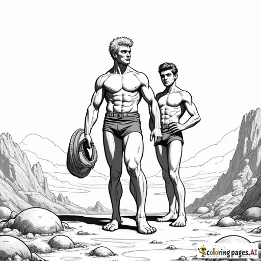 Blank Coloring book page Brothers muscular hunk  Caucasian blond Vaughn Harris aka Awesome Boy 18 years old  and  athletic fit Caucasian blond  "Dren" Bierce aka Impressive Lad 14 years old  patrolling alien citadel on planet Zaylene   1940s Retro futuristic Illustration art in the style of 1950s pulp novel