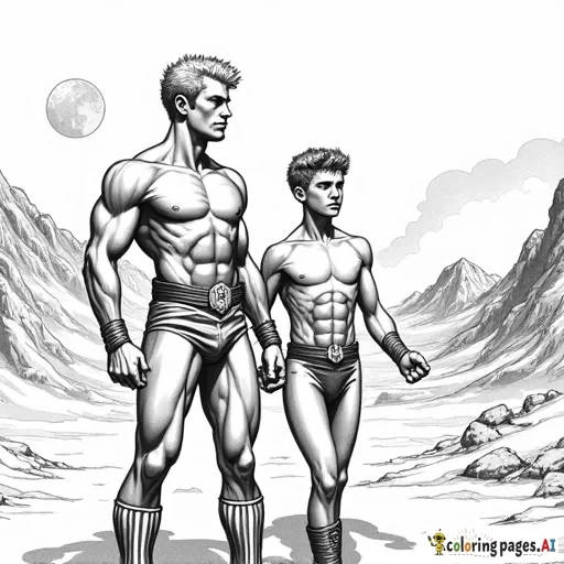 Blank Coloring book page Brothers muscular hunk  Caucasian blond Vaughn Harris aka Awesome Boy 18 years old  and  athletic fit Caucasian blond  "Dren" Bierce aka Impressive Lad 14 years old  patrolling alien citadel on planet Zaylene   1940s Retro futuristic Illustration art in the style of 1950s pulp novel