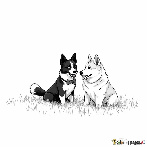 border collie with a bow tie. playing with female husky. blank background