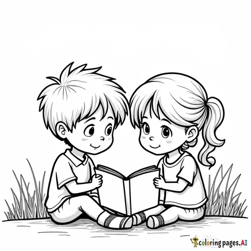 Boy and a girl reading a book by a lake closeup scene., Coloring Page, black and white, line art, white background, Simplicity, Ample White Space. The background of the coloring page is plain white to make it easy for young children to color within the lines. The outlines of all the subjects are easy to distinguish, making it simple for kids to color without too much difficulty